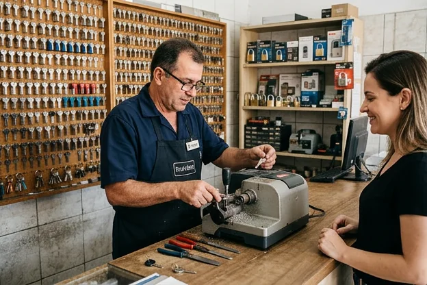 Chaveiro em Criciúma atendendo um cliente em sua loja com atendimento profissional.