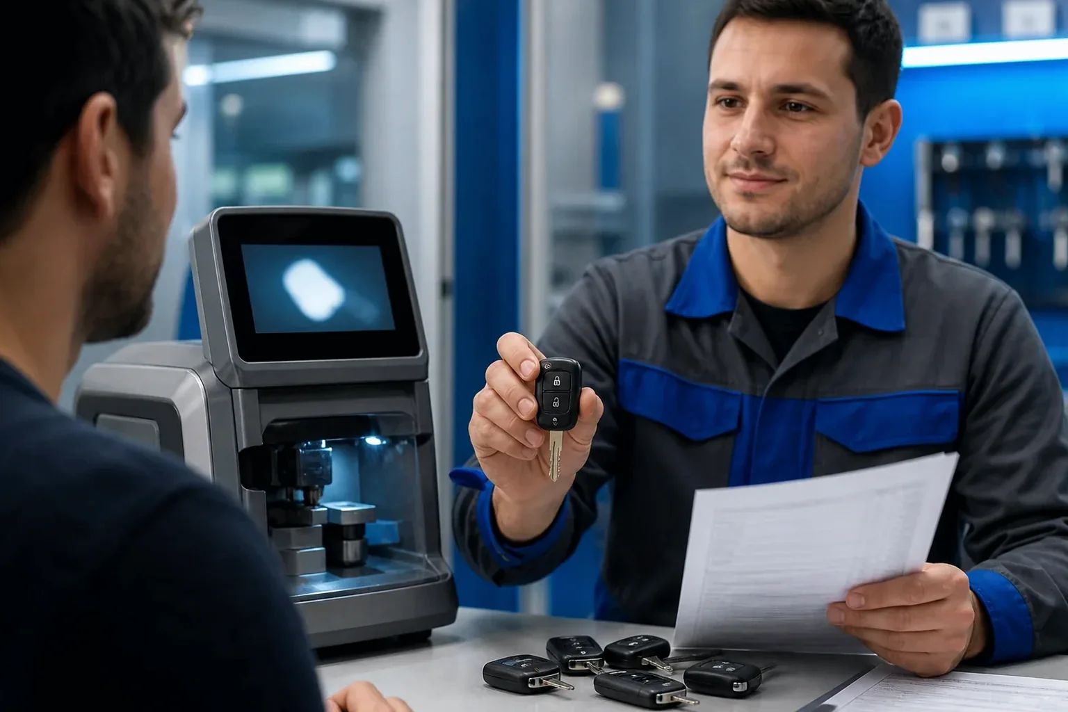 Chaveiro em Criciúma confeccionando uma chave codificada com equipamento apropriado.